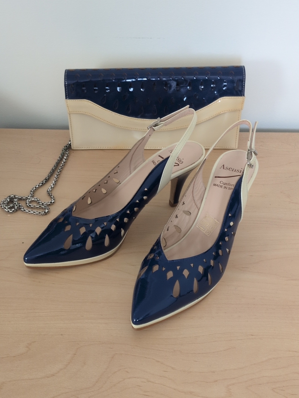 Navy and Cream Slingback Pointed-Toe Heels